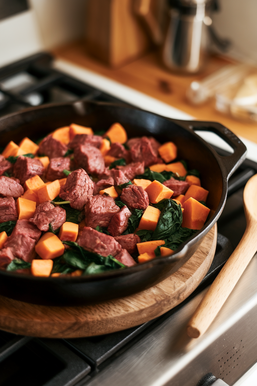 An indoor stovetop scene showing a cast-iron skillet filled with diced sweet potatoes and lean beef chunks, speckled with spinach. Steam rising, no logos. Photo, not illustration.
