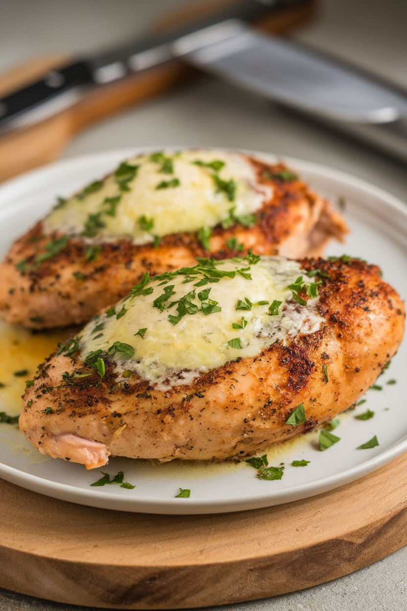 Indoor table showcasing air-fried chicken breast topped with melted garlic butter and chopped parsley, close-up angle. No text or logos.