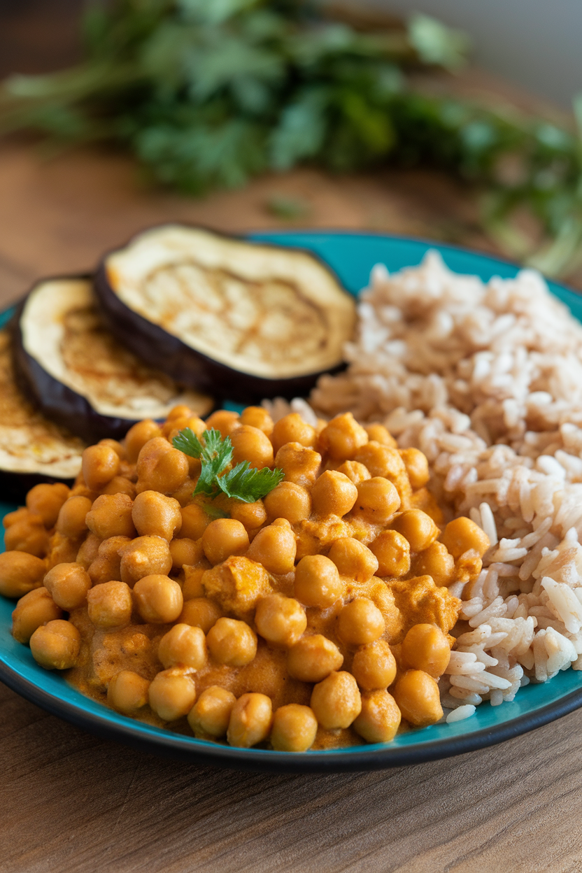 Indoor photo of creamy coconut curry chickpeas, brown basmati rice, and roasted eggplant slices on a plate. No text or logos.