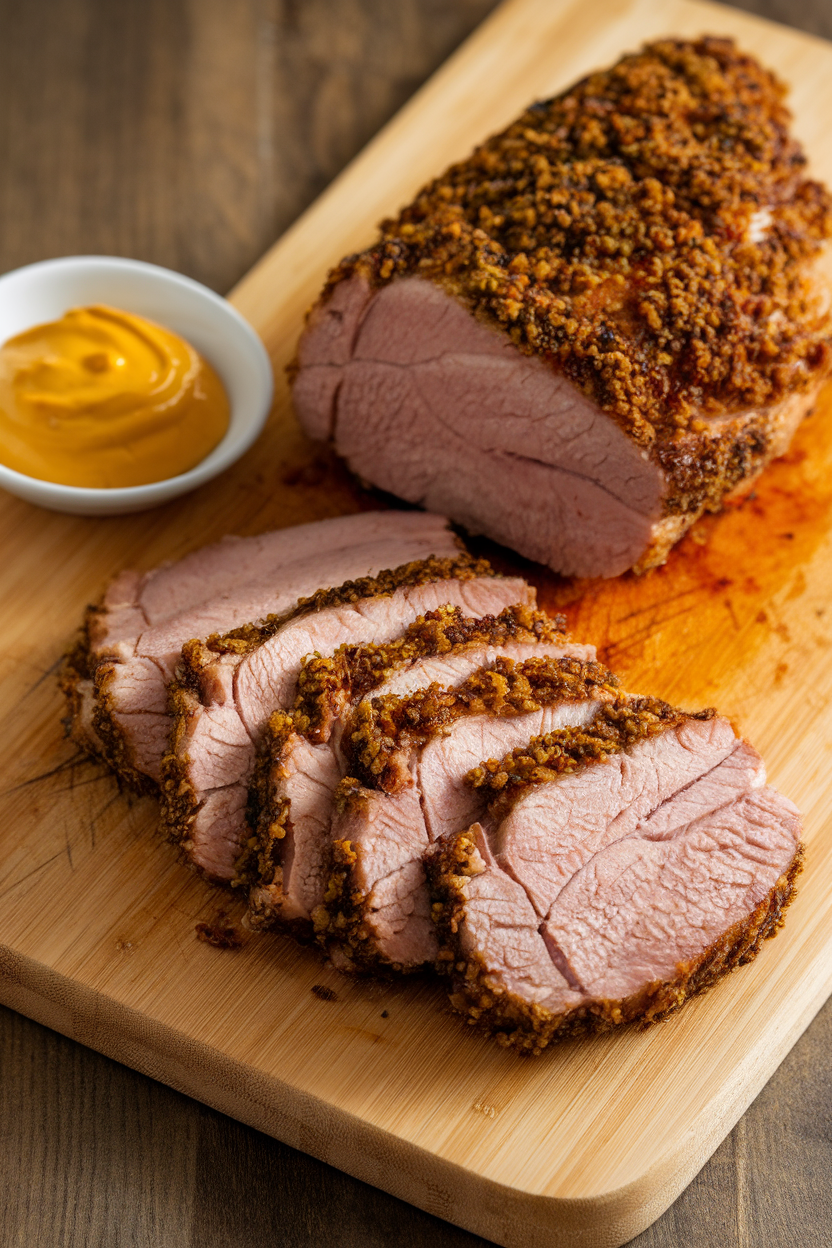 Photo of an indoor cutting board with sliced roasted pork tenderloin, garlic herb crust visible, and a small dish of mustard. No branding or text in scene.