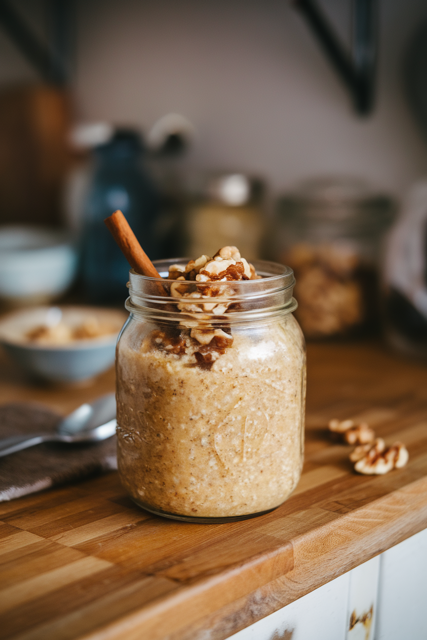 An indoor countertop with a glass jar of apple walnut quinoa porridge topped with a cinnamon stick. Photo, no text or logos.