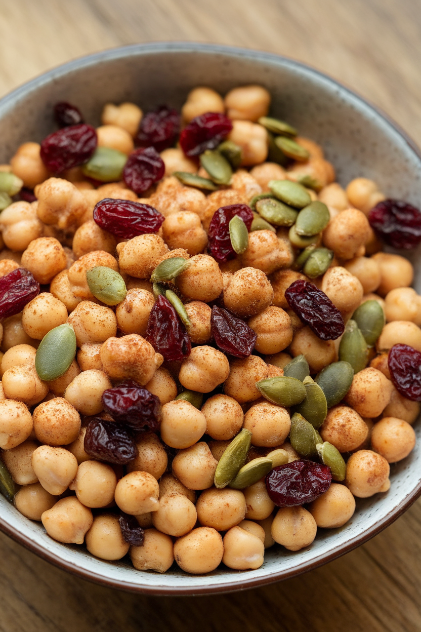 Indoor bowl of roasted chickpeas mixed with dried cranberries and pumpkin seeds, lightly dusted with cinnamon—photo, no text or logos.