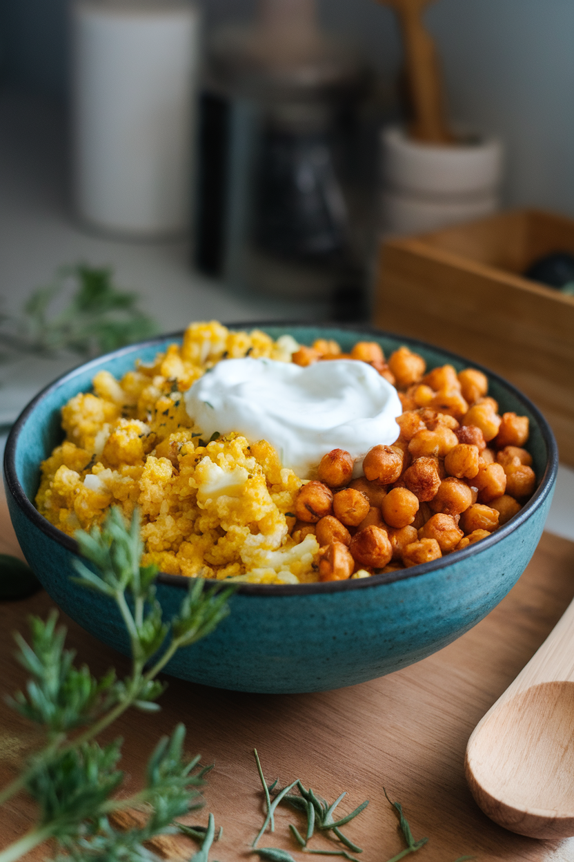 An indoor photo of a bowl filled with golden curried cauliflower rice, roasted chickpeas, and a dollop of coconut yogurt. No text or logos.