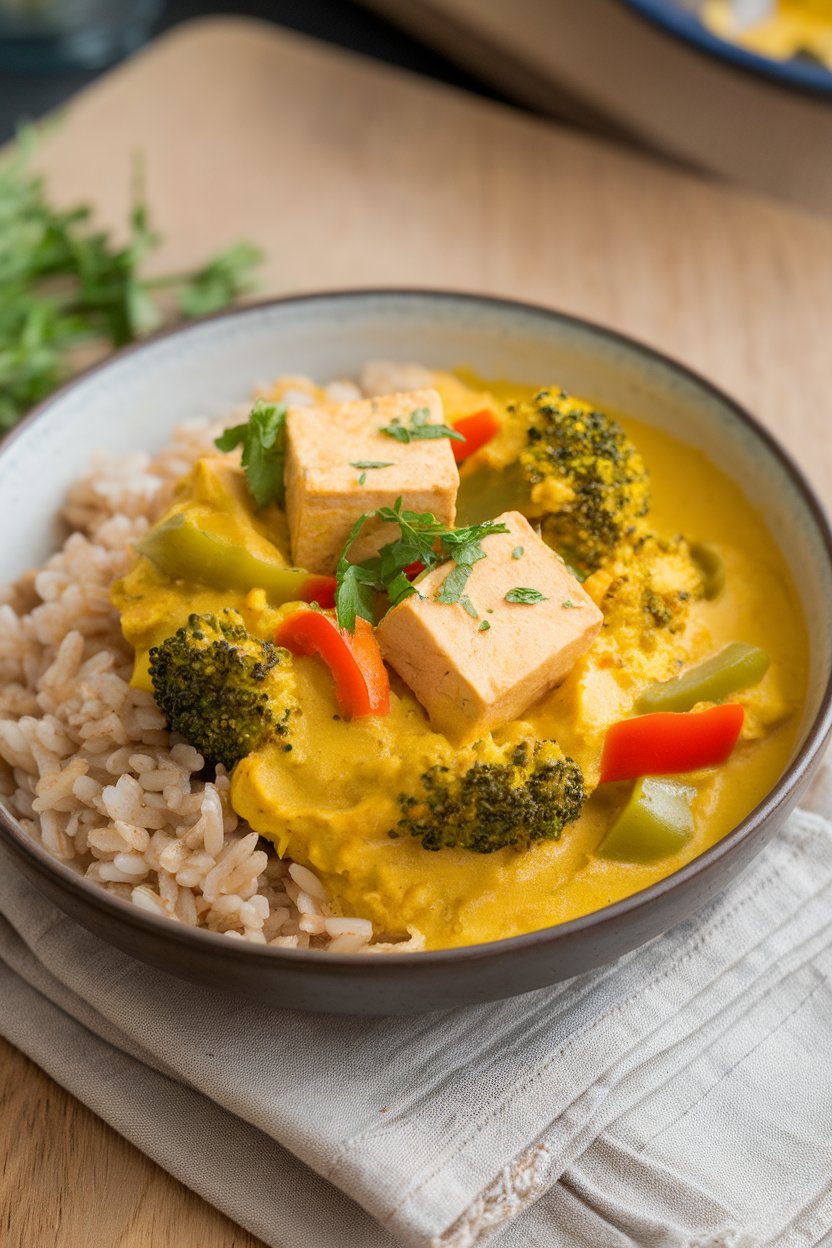 An indoor bowl with yellow coconut curry containing tofu cubes, broccoli, and bell peppers, served over brown rice. No text or logos; photo only.