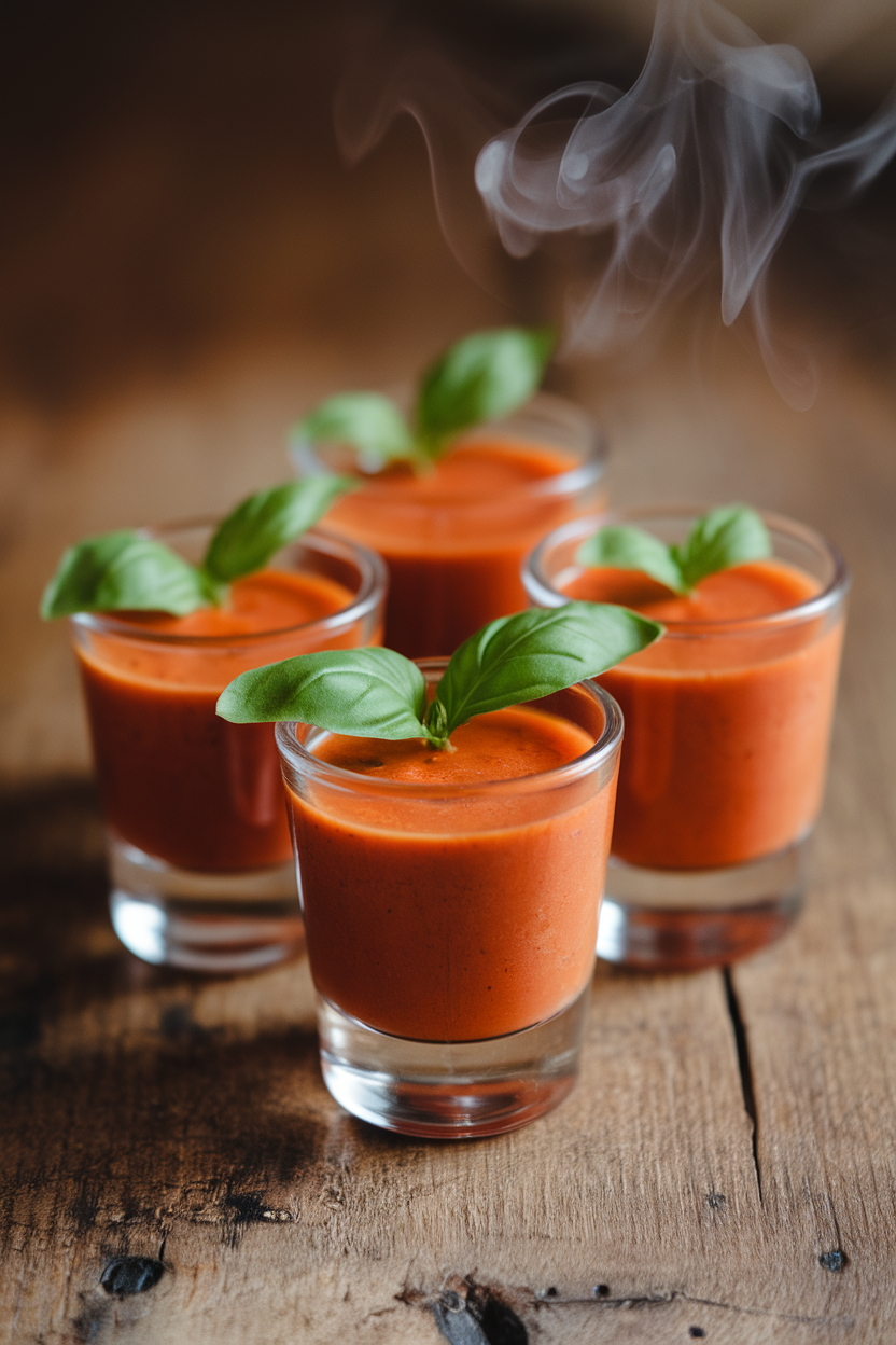 Small clear indoor shot glasses filled with steaming tomato basil soup, each topped with a tiny basil leaf—photo, no text or logos.