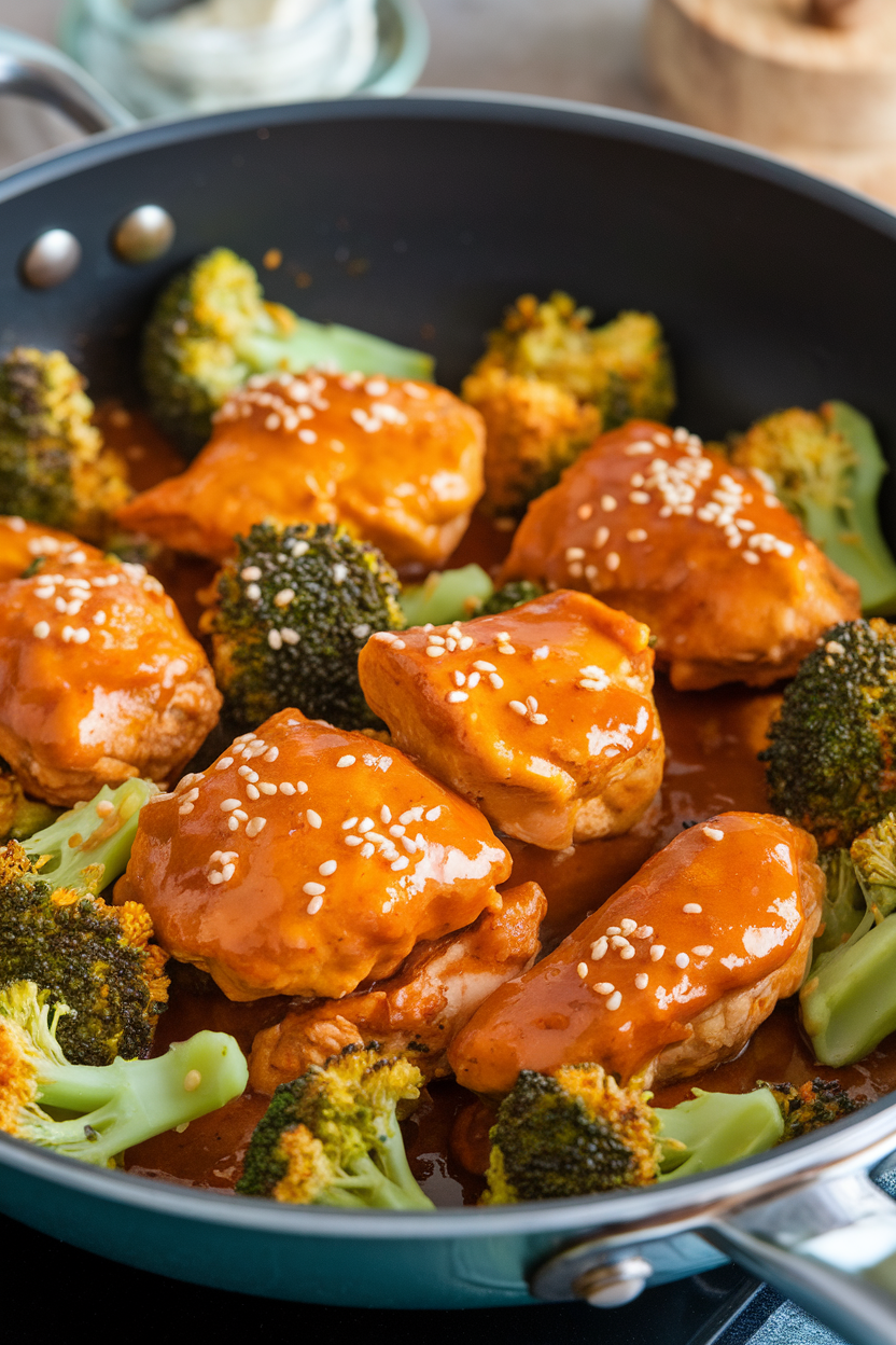 An indoor sauté pan of glossy orange-sesame chicken pieces with broccoli florets and sesame seeds sprinkled on top. No text or logos. Photo.