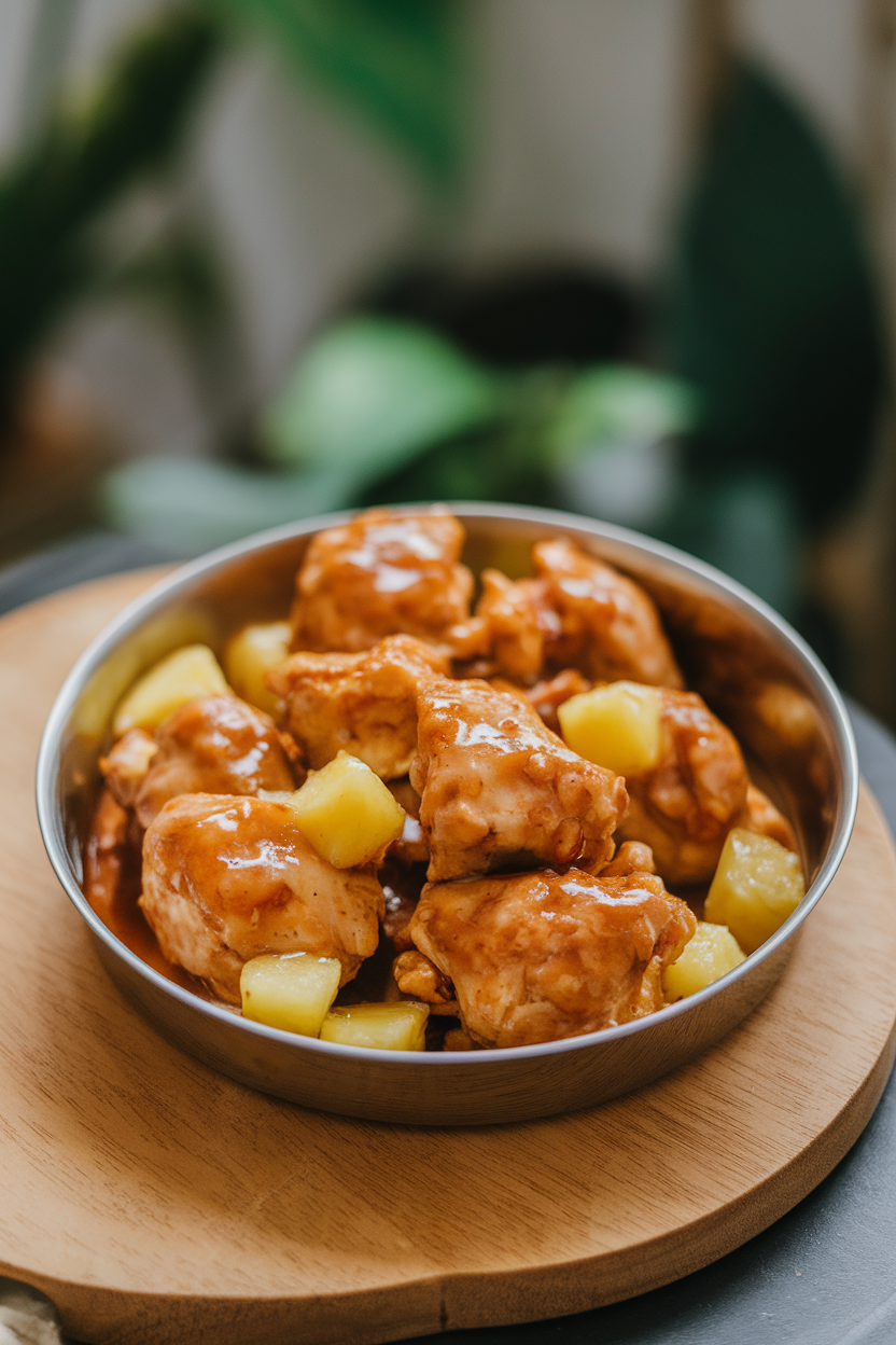 Indoor photo of glazed chicken chunks with pineapple tidbits in a shallow dish; no text or logos