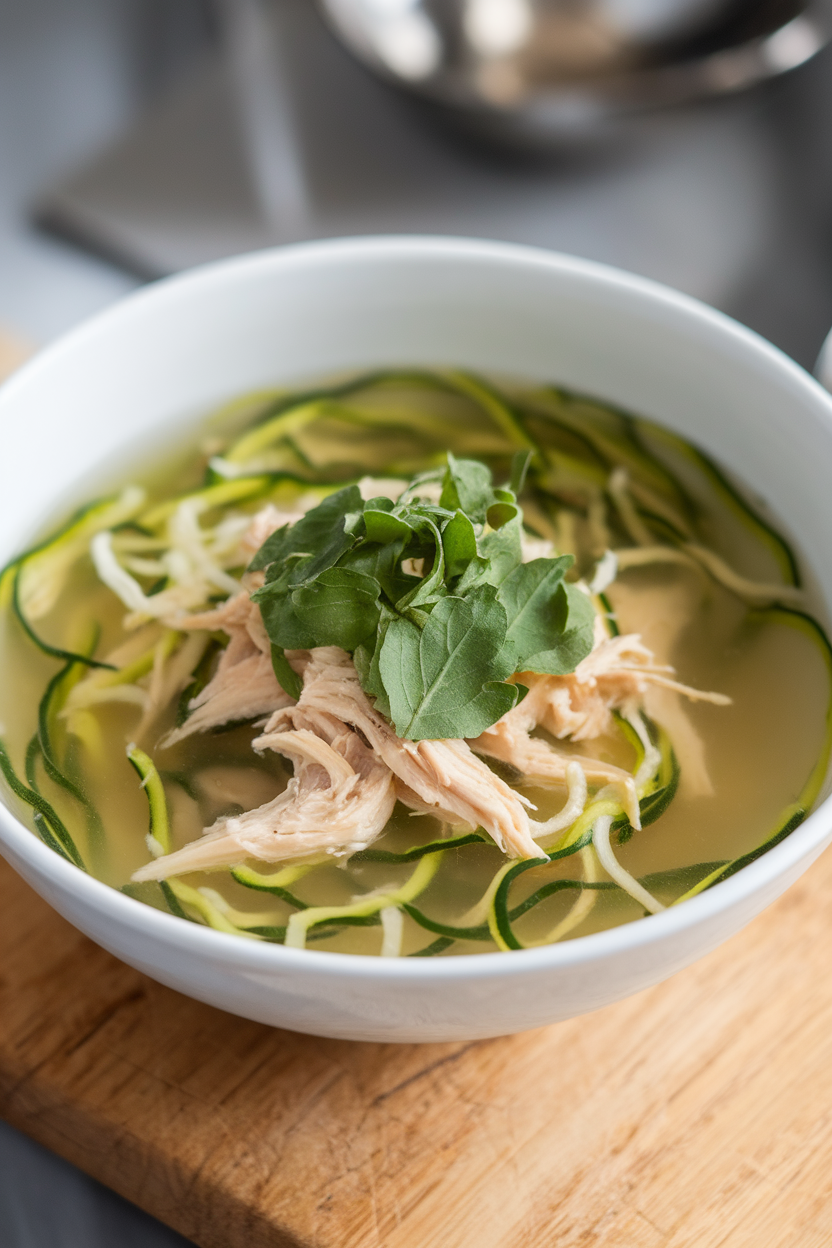 Indoor soup bowl with clear broth, zucchini noodles, shredded chicken, and fresh herbs. No text or logos. Photo, not illustration.