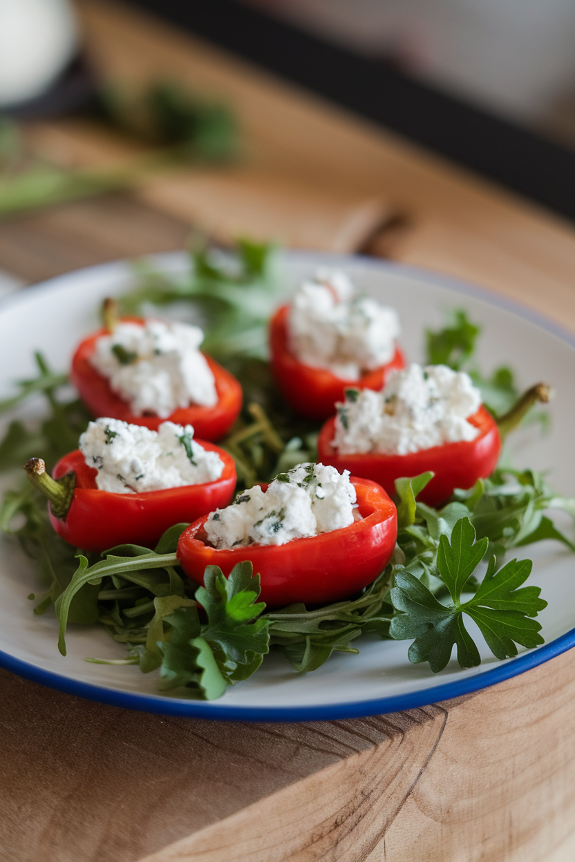 An indoor plate featuring small red Peppadew peppers filled with herbed goat cheese, parsley scattered, no logos.