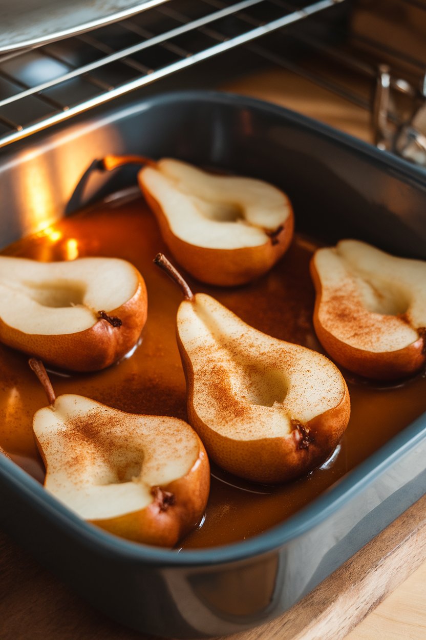 Indoor baking dish with halved pears caramelized at edges, cinnamon sprinkle visible; warm oven-side light, no text or logos.