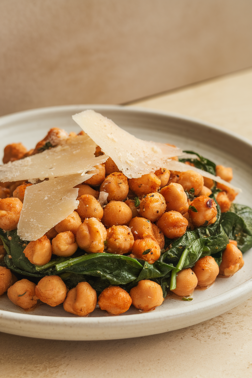 Indoor photo of chickpeas coated in light garlic sauce with wilted spinach and Parmesan shavings, no text or logos.