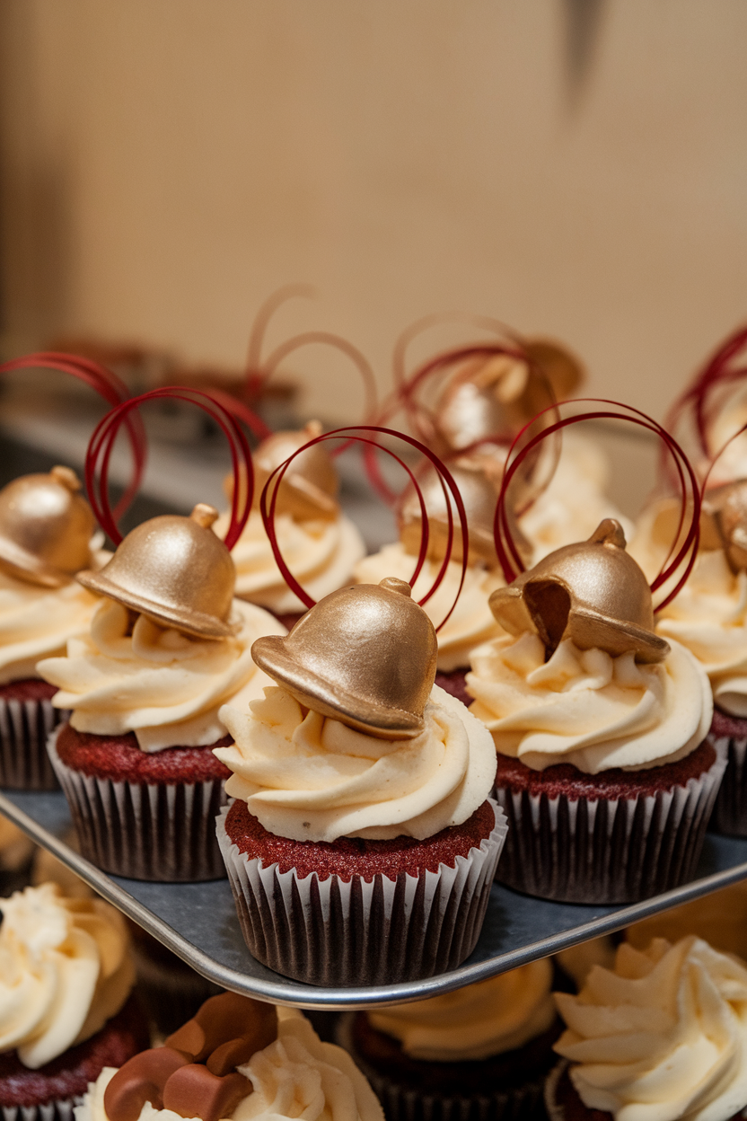Photo of indoor bakery tray featuring cupcakes with metallic gold fondant bells and thin red ribbon loops on vanilla frosting, no text or logos.