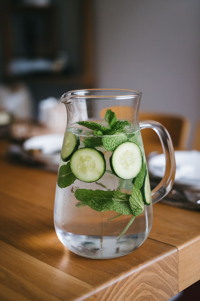Photo prompt: An indoor glass pitcher filled with water, cucumber slices, and mint leaves, sitting on a dining table, no logos.
