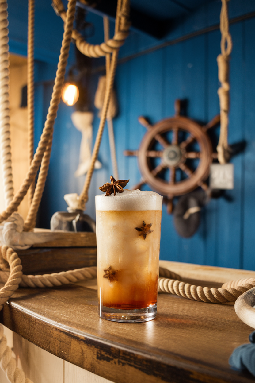 Indoor nautical-themed bar showing a highball of dark rum and ginger beer layered, star anise pod floating on top. No text or logos; photograph, not illustration.