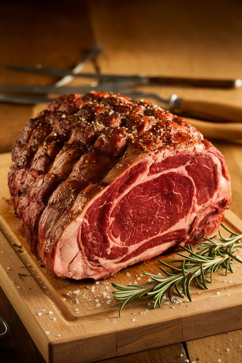 Indoor carving board scene showing a bone-in prime rib roast with a deep crust and rosy interior, surrounded by sprigs of rosemary. No visible text or branding. Photo only.