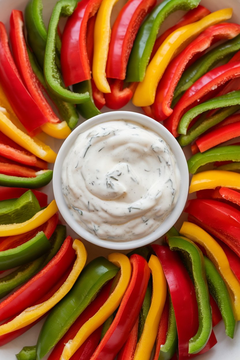 An indoor small bowl of creamy yogurt ranch dip surrounded by red, yellow, and green bell pepper strips. No visible text or logos.