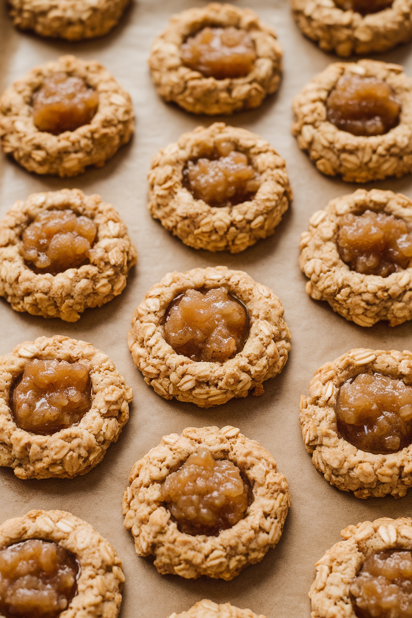 An indoor baking sheet of oat thumbprint cookies filled with chunky apple-cinnamon chia jam—no text or logos; photo, not illustration