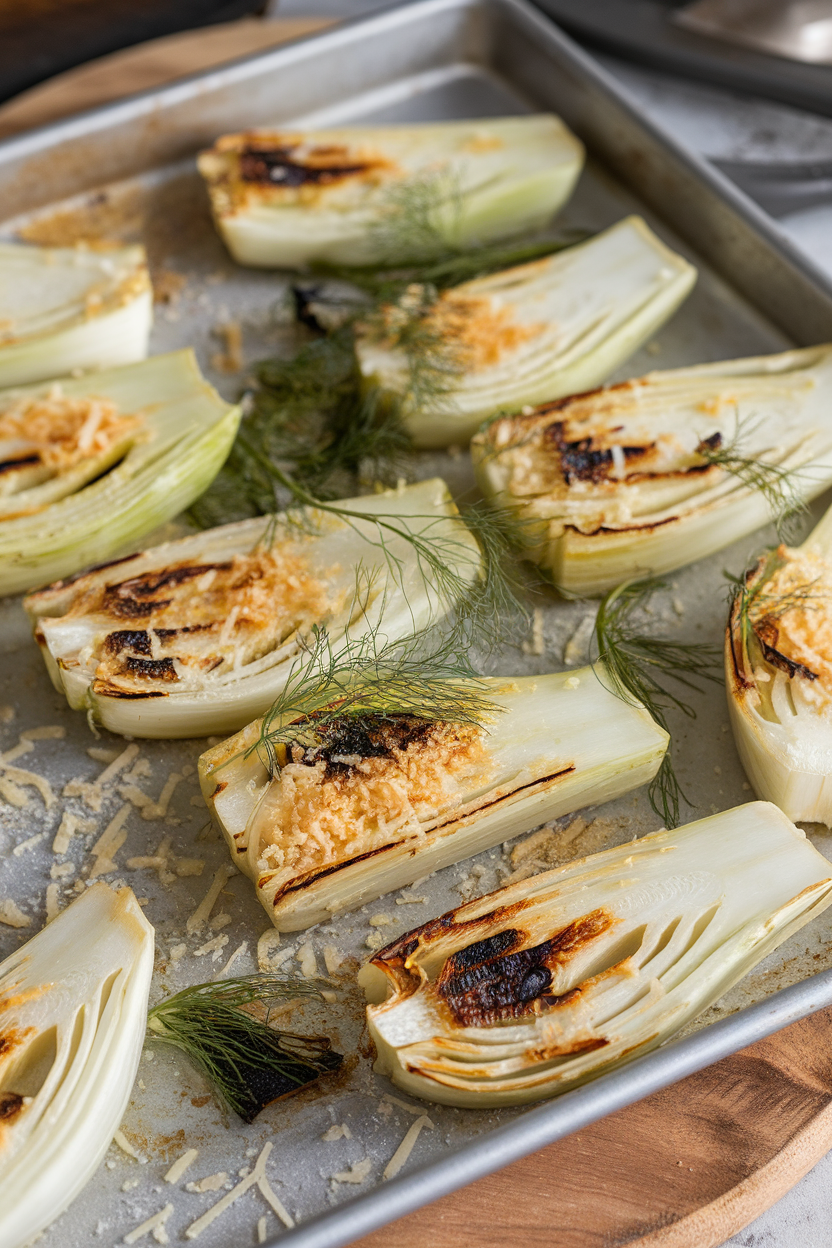 Indoor photo of roasted fennel wedges sprinkled with grated Parmesan and fennel fronds on a baking sheet. No text or logos.