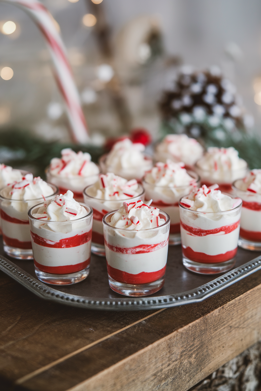 Indoor tray of shot-glass peppermint mousse cups topped with whipped cream and candy cane shards; no text or logos. Photo, not illustration.