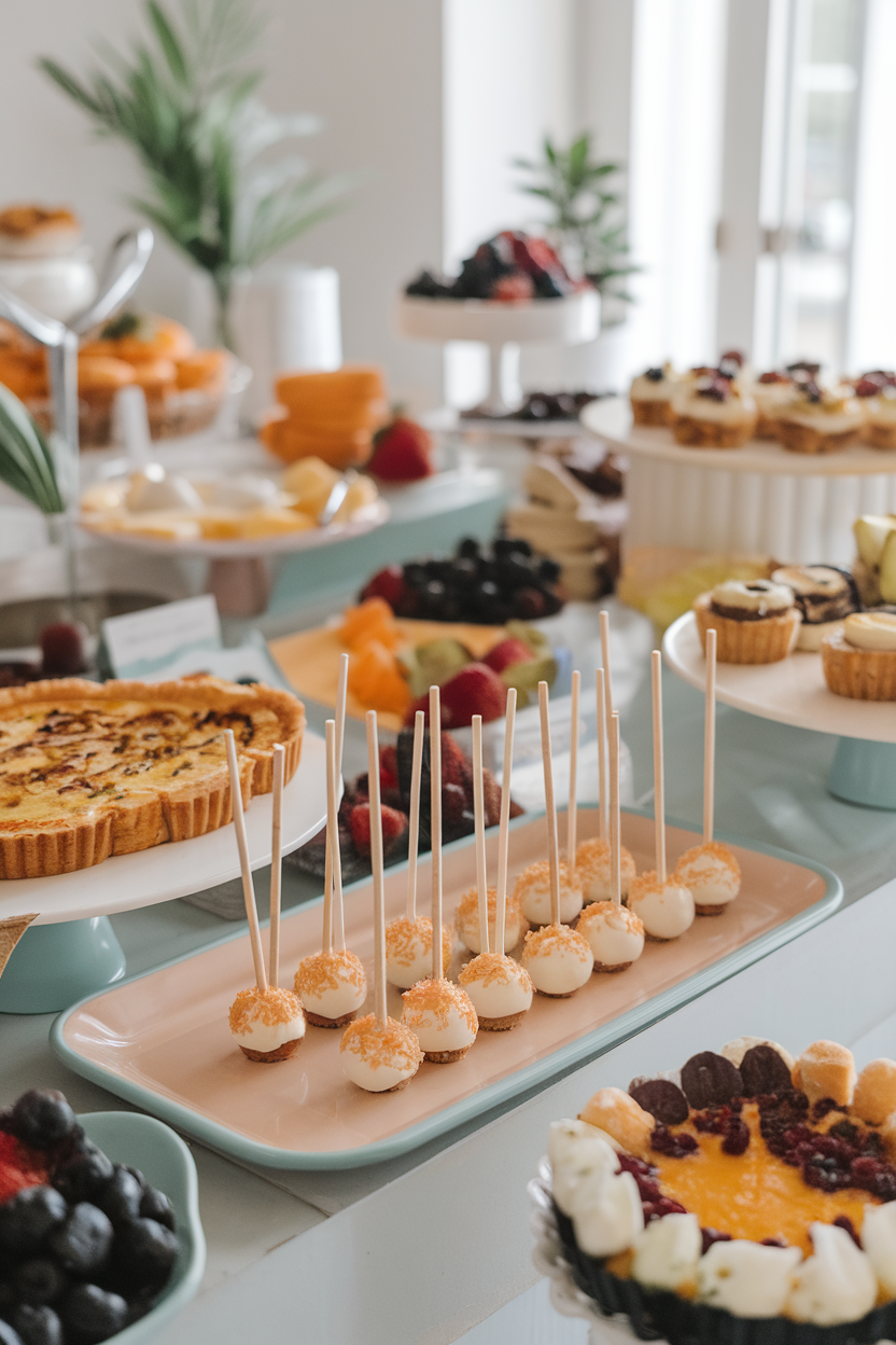 Photo, not illustration. Indoor brunch buffet. Carrot cake pops with cream cheese coating and a sprinkling of toasted coconut, lined on a pastel tray. No text or logos.