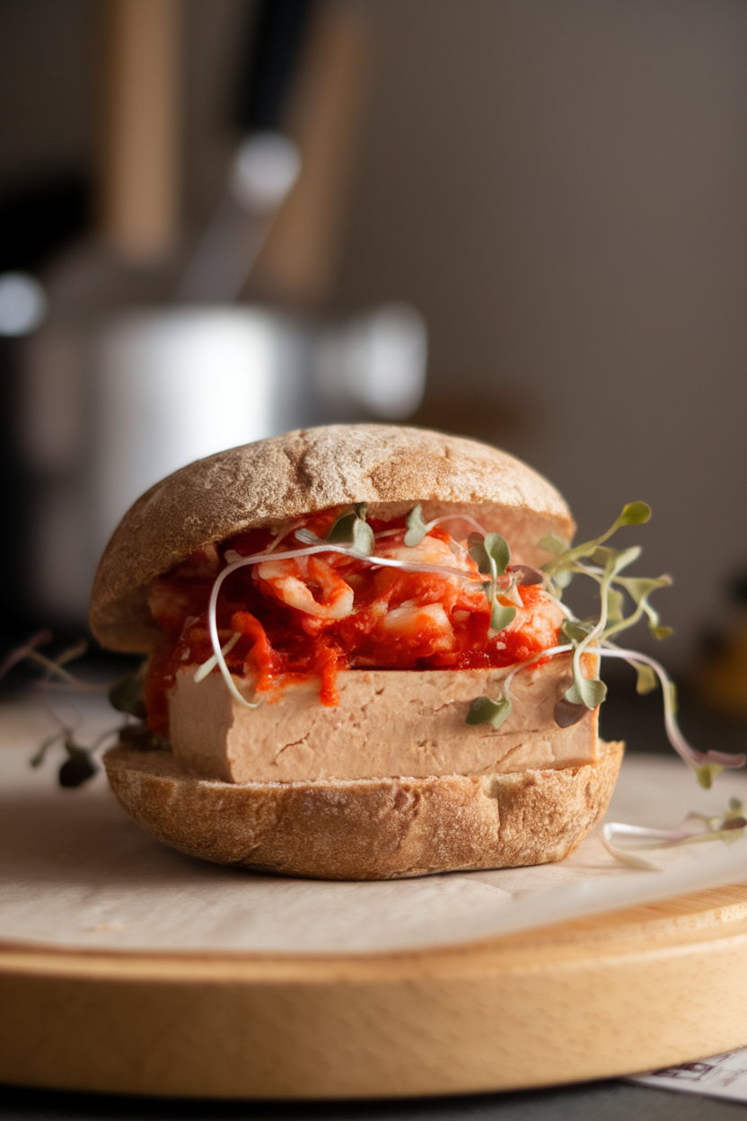 Photo of a tofu burger mixed with kimchi, served on a whole-grain bun with microgreens indoors; no text or logos; photo, not illustration