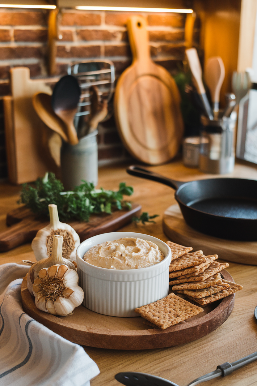 Indoor kitchen scene with a ramekin of creamy white bean dip beside roasted garlic heads and whole-grain crackers. Warm lighting; no visible text or logos.