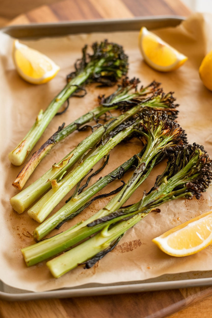 Photo of broccolini stems with charred tips on a parchment-lined tray, lemon wedges scattered around, indoors. No text or logos.