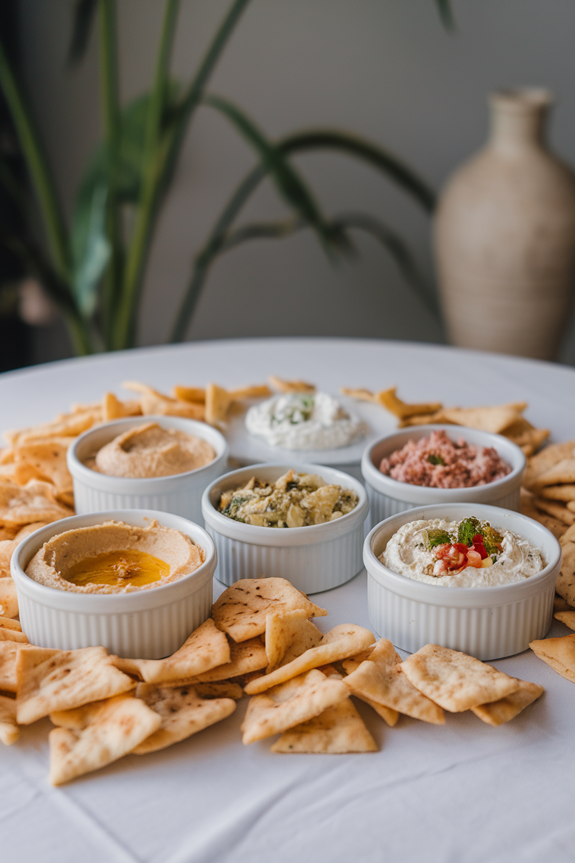 Indoor modern table featuring ramekins of hummus, spinach artichoke dip, smoked trout dip, and whipped feta surrounded by pita chips; no text or logos visible.