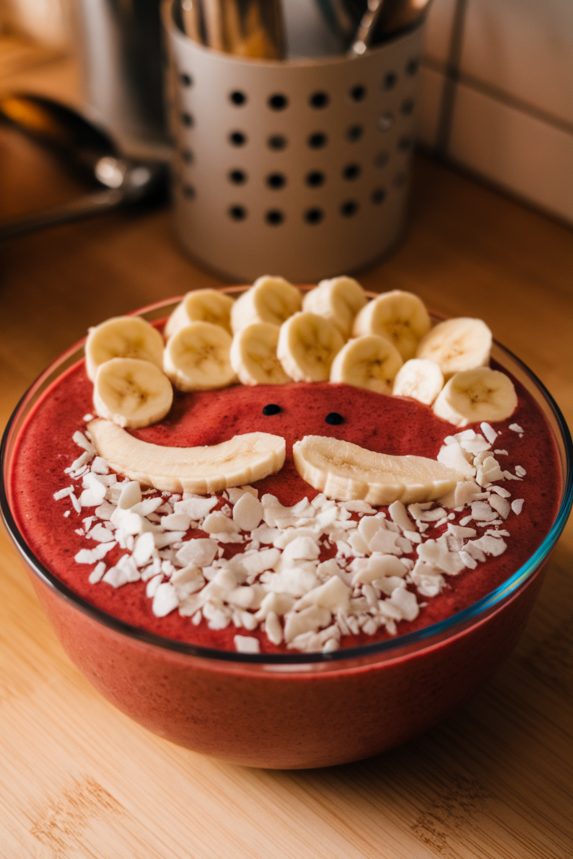 Photo of an indoor shallow bowl of thick red smoothie topped with rows of sliced banana and coconut flake “beard” forming a Santa face. No text or logos visible.