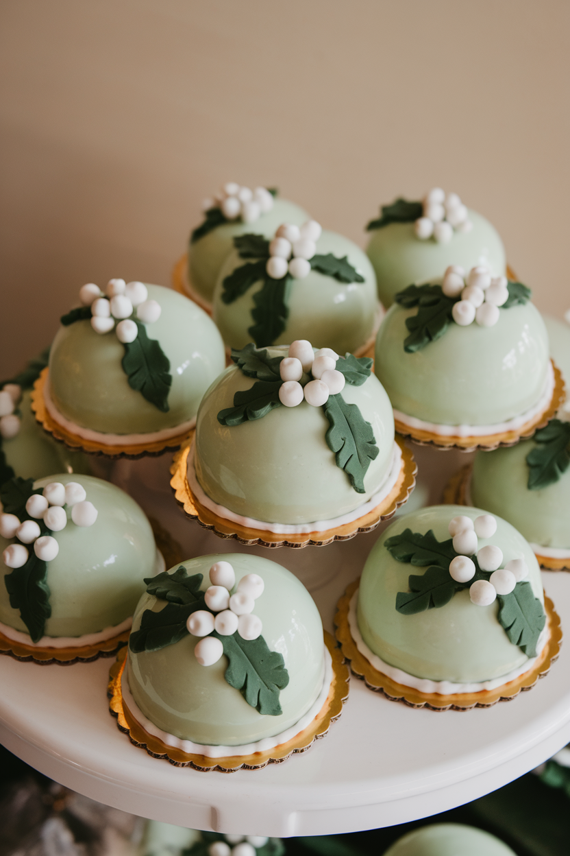 Indoor dessert tray with multiple small dome cakes glazed in pale green fondant, each topped with white fondant mistletoe berries and leaves. No text, realistic photo.