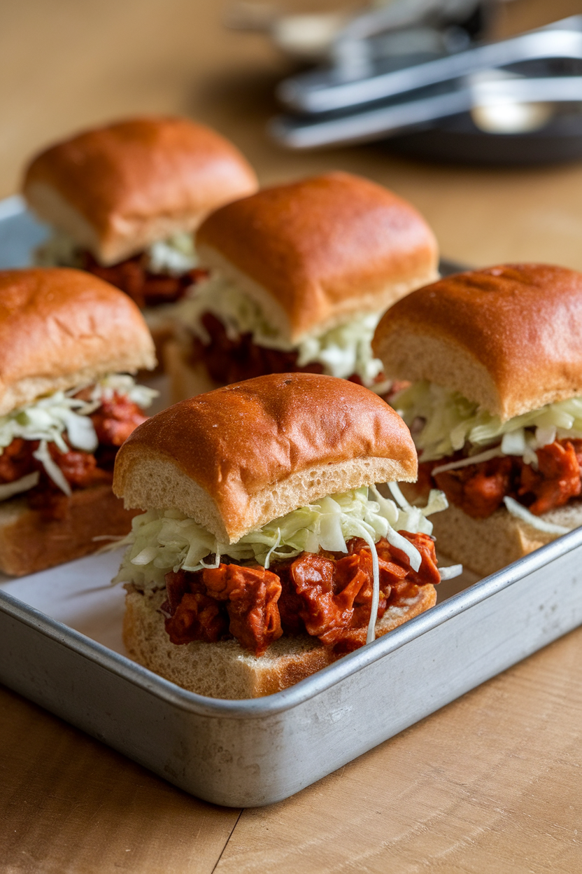 Photo of small whole-grain slider buns filled with saucy BBQ jackfruit and cabbage slaw, indoor serving tray. No text or logos.</Prompt