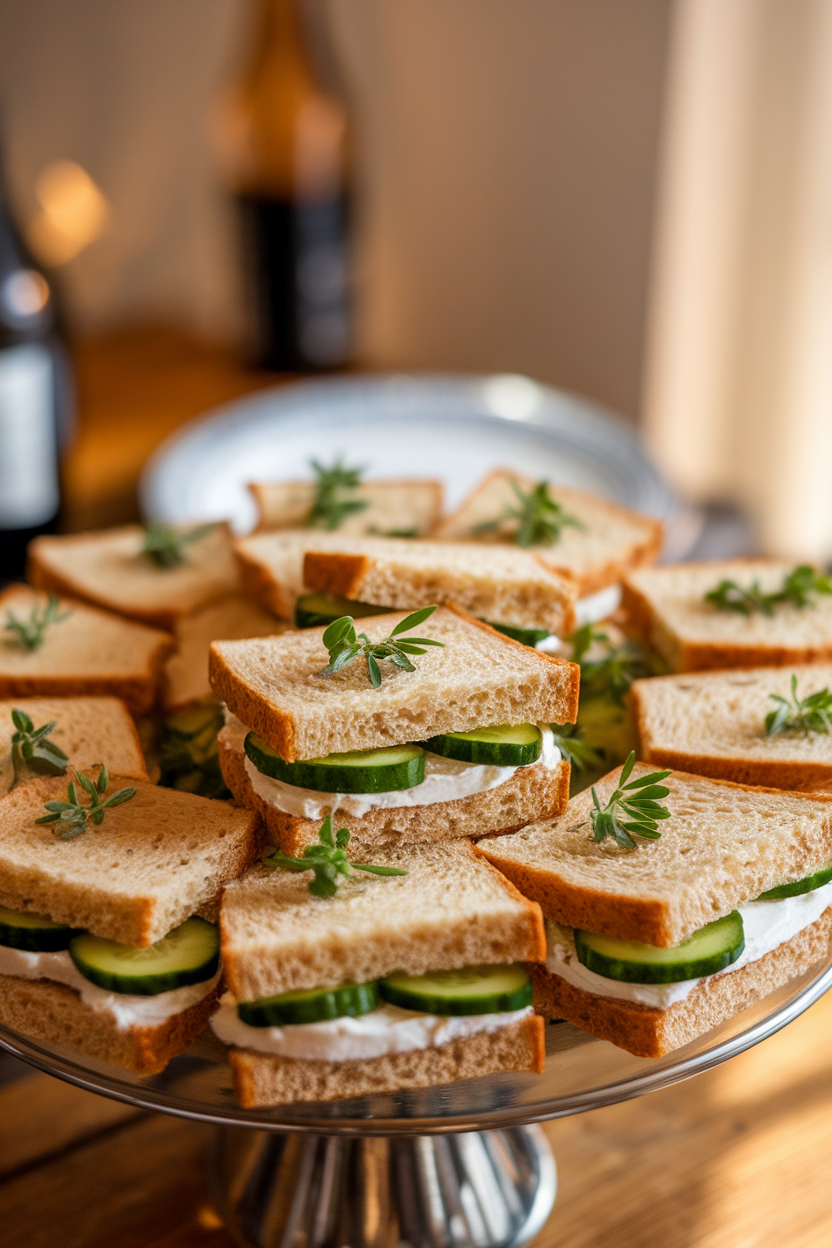 An indoor platter of small cucumber and cream cheese sandwiches made with crustless whole-grain bread, herbs sprinkled on top, no text or logos, photo not illustration.