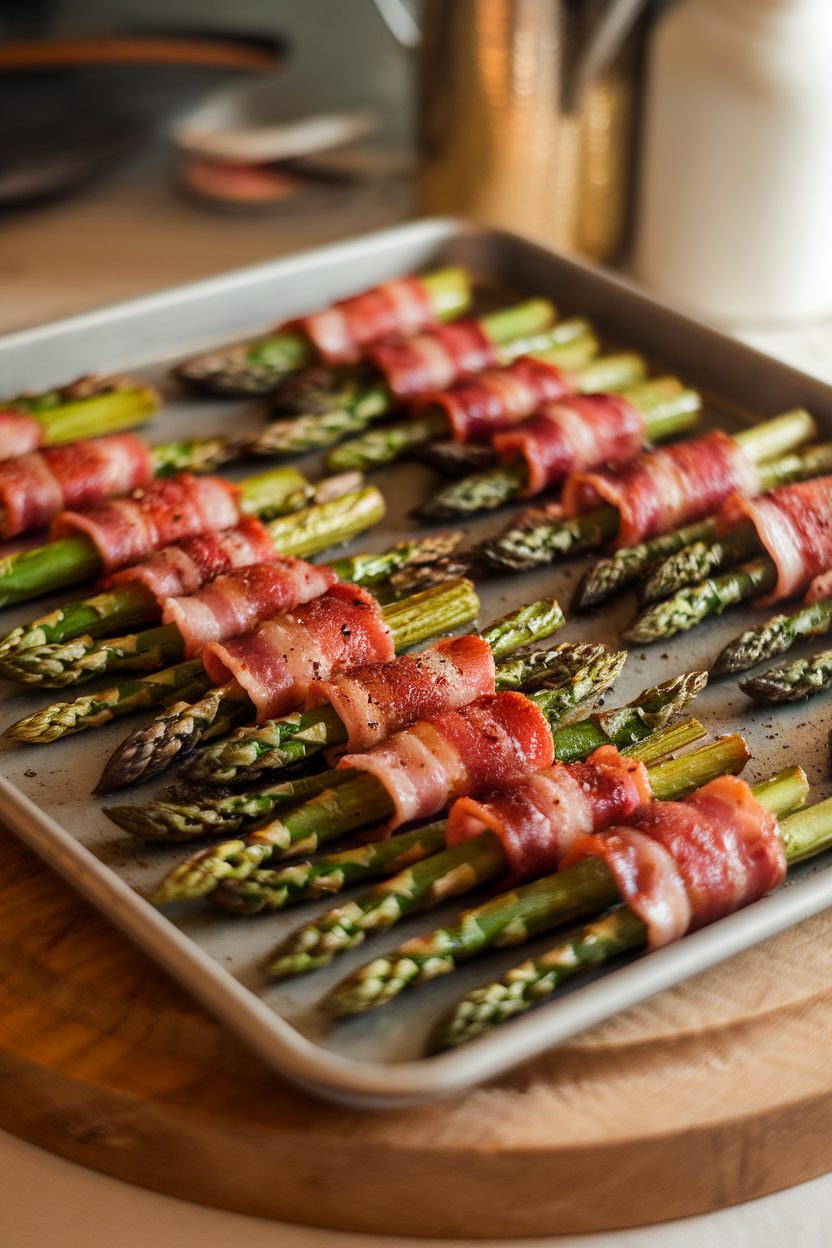 An indoor sheet pan holding bundles of roasted asparagus spears wrapped in crisp bacon, sprinkled with cracked pepper. Warm lighting; no text or logos. Photo, not illustration.