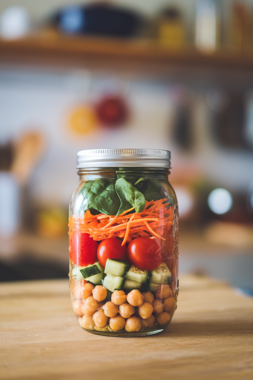 Indoor photo of a colorful mason jar salad stacked with chickpeas, cherry tomatoes, cucumbers, shredded carrots, and baby spinach; no text or logos.