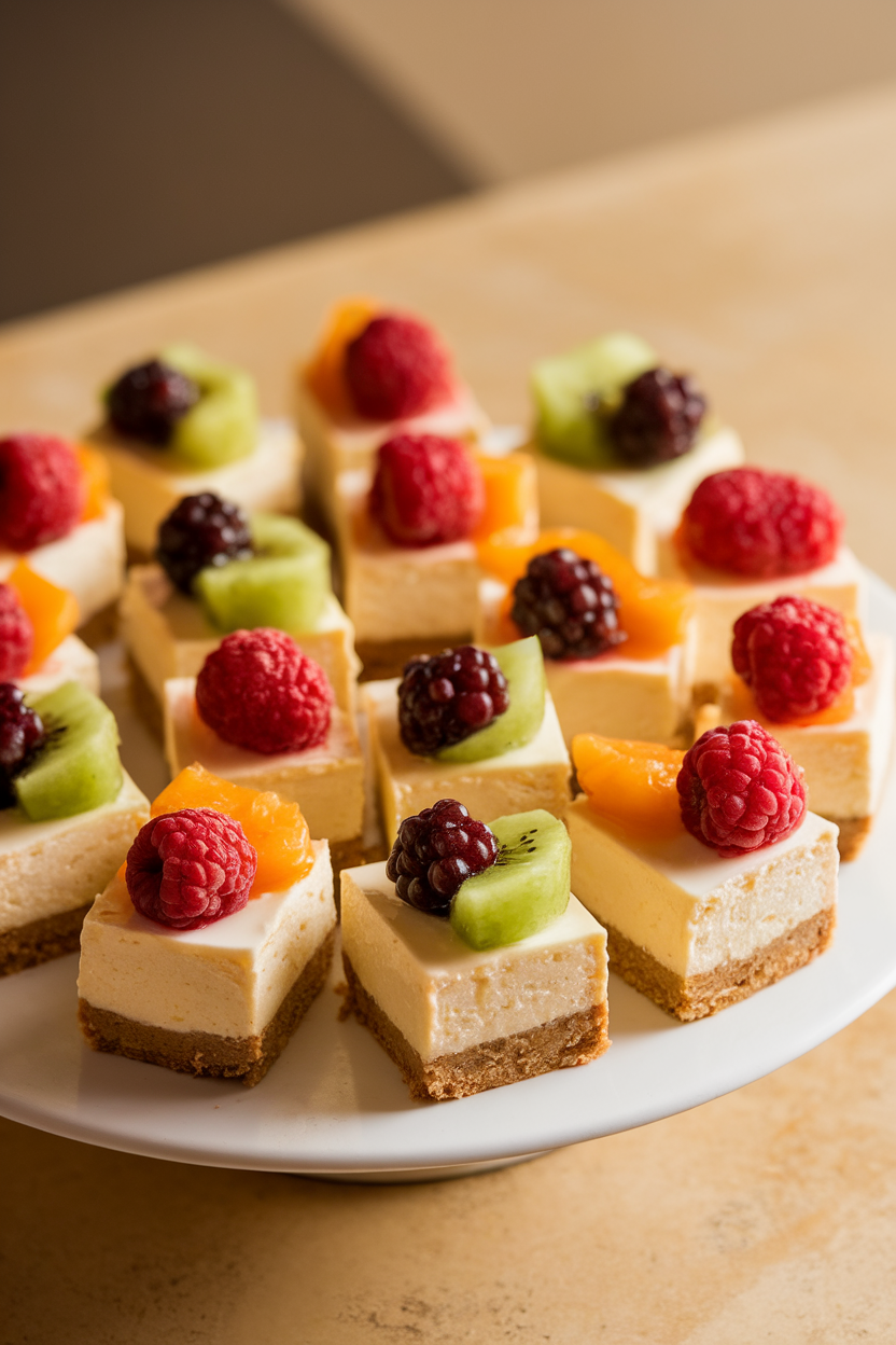Photo of an indoor platter of bite-size cheesecake squares with graham crust, topped with assorted fruit compotes; bright but warm lighting, no text or logos
