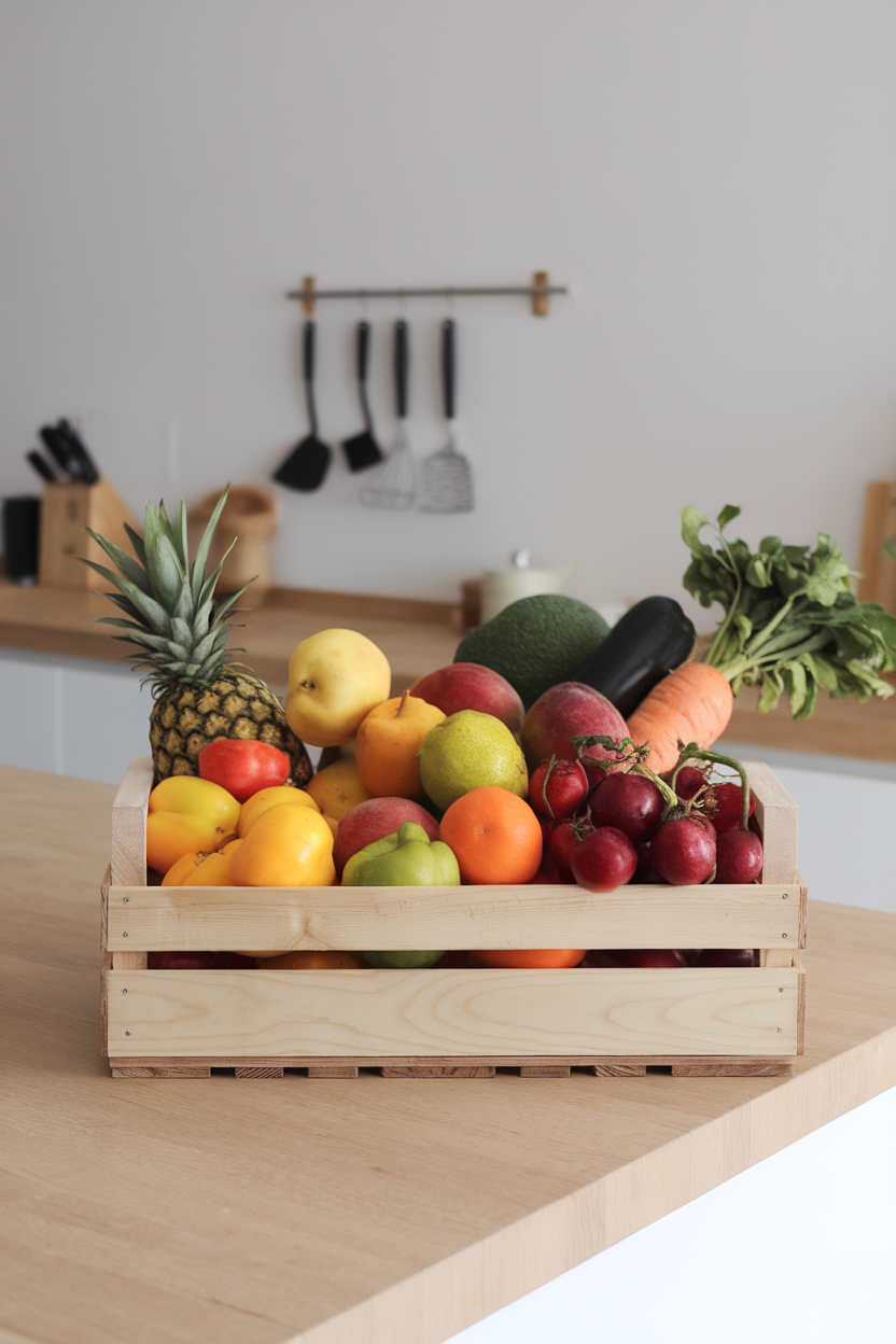 An indoor farmers-market style wooden crate on a kitchen island filled with ripe seasonal fruits and vegetables—photo, no text or logos.