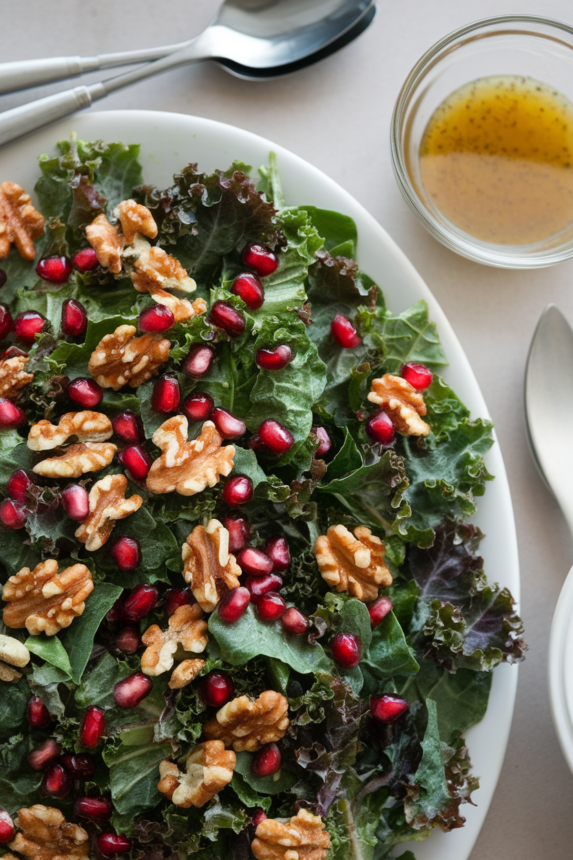 Indoor salad platter featuring dark green kale ribbons, ruby pomegranate arils, and toasted walnuts. No text or logos. Photo only.