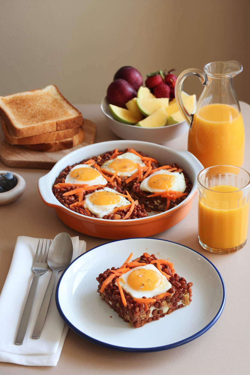 Indoor breakfast table setting showing a casserole of red lentils, shredded carrots, grated ginger, and whisked eggs, cut into squares. No logos or text.