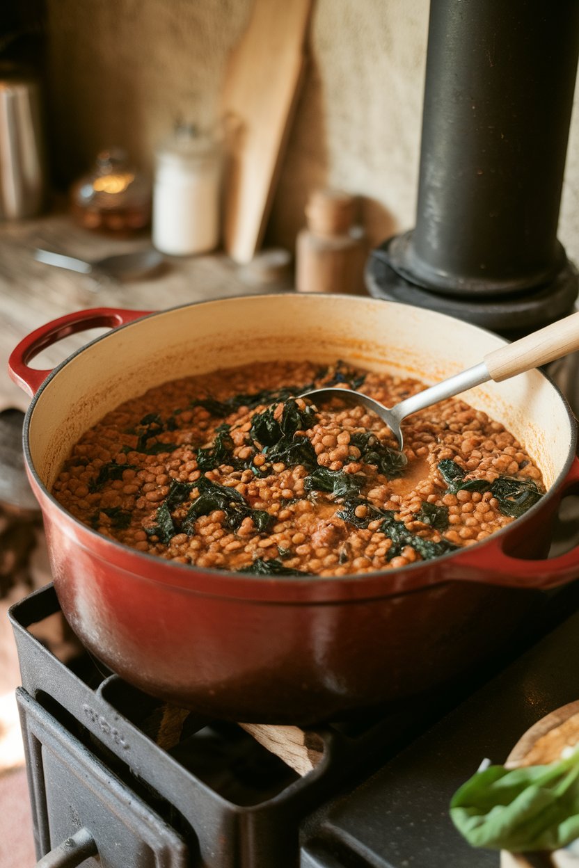 Indoor Dutch oven filled with rustic lentil stew dotted with spinach; ladle inside pot, no text or logos.