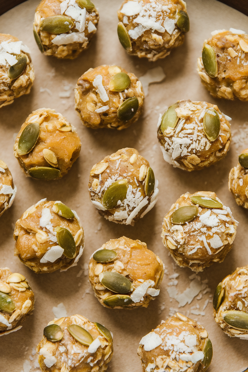 Indoor tray of round energy bites made from dates, pumpkin seeds, and oats, rolled in coconut flakes; no text or logos, photo style.