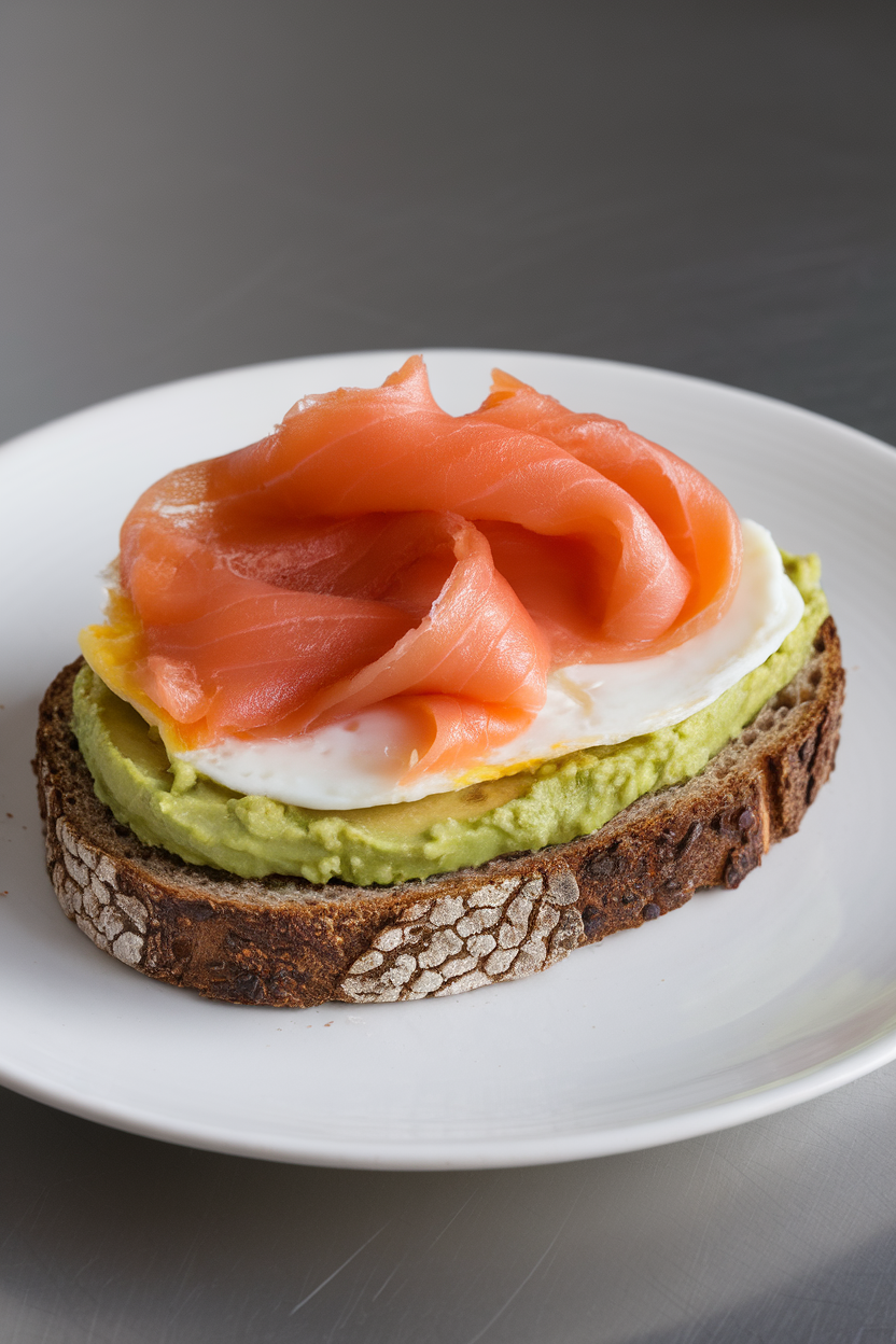Indoor photo of a slice of rye bread topped with mashed avocado, soft-scrambled egg, and ribbons of smoked salmon. No text or logos.