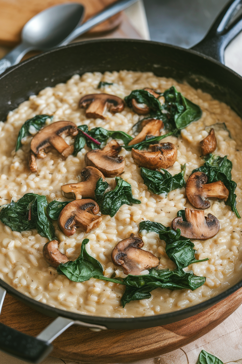 An indoor photo of creamy brown rice risotto with sautéed mushrooms and wilted spinach in a deep skillet. No text or logos.