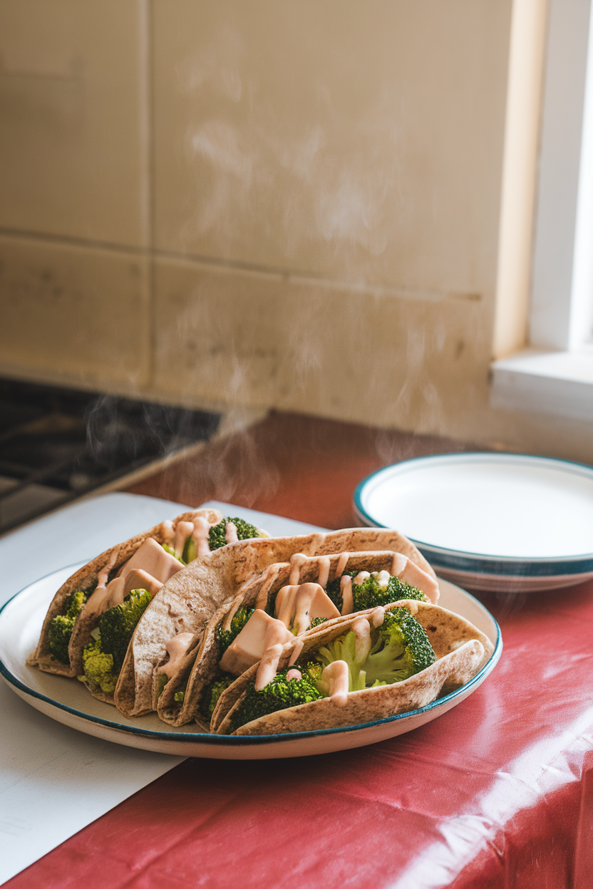 Indoor kitchen table scene showing tofu cubes and broccoli florets tucked into whole-grain tortillas under a light chipotle sauce, steam visible, no text or logos.