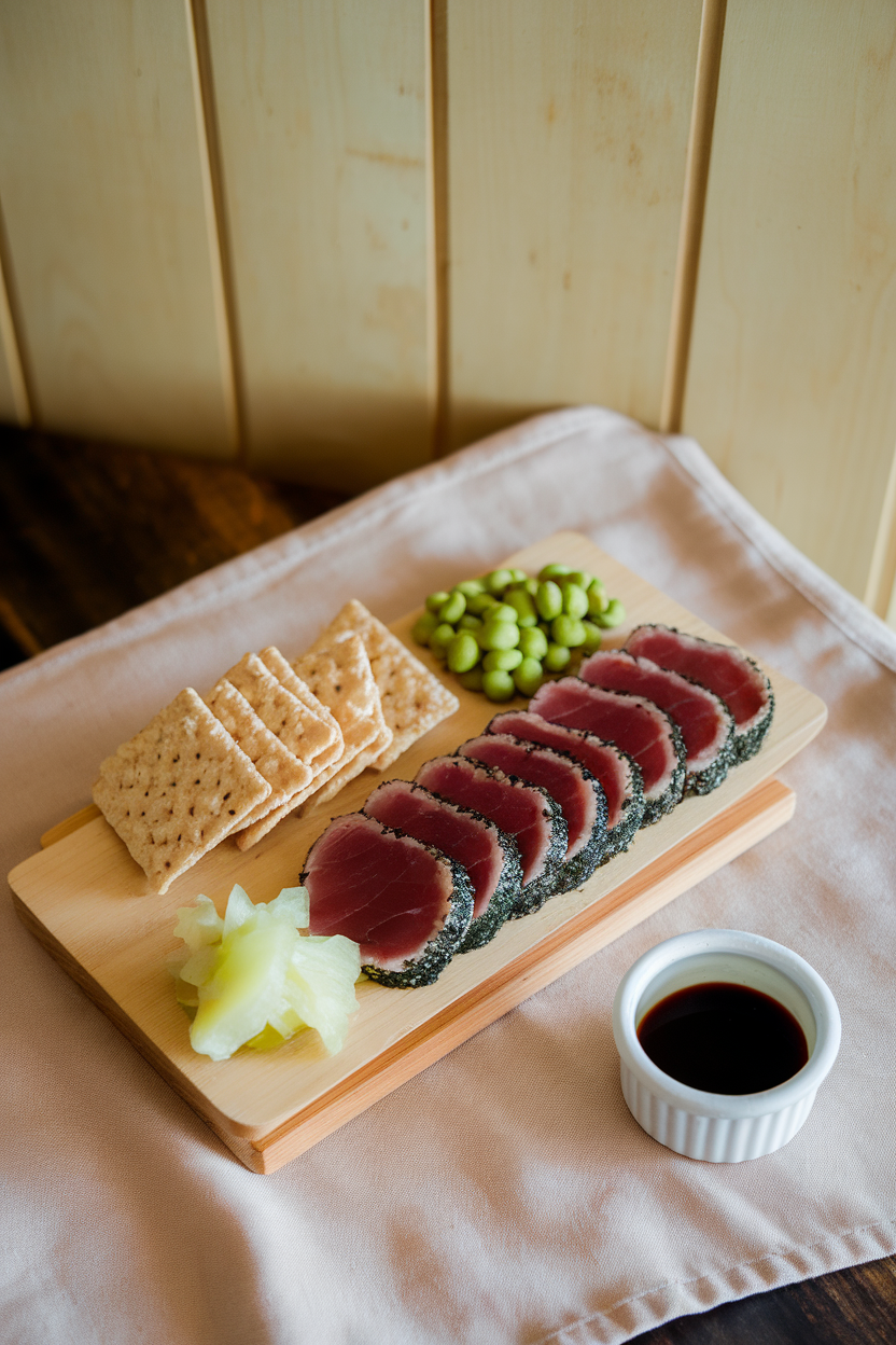 Indoor table shot with a board holding sesame-crusted tuna tataki slices (cooked), pickled ginger, wasabi peas, and rice crackers; no text or logos