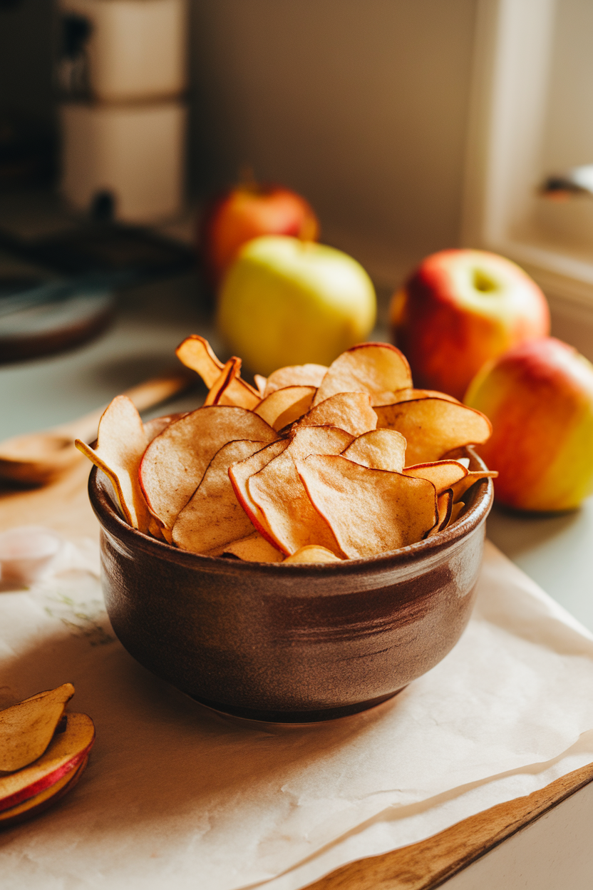 A ceramic bowl on an indoor countertop filled with thin, crisp cinnamon apple chips, a few fresh apples in soft focus behind. No text or logos, photo only.