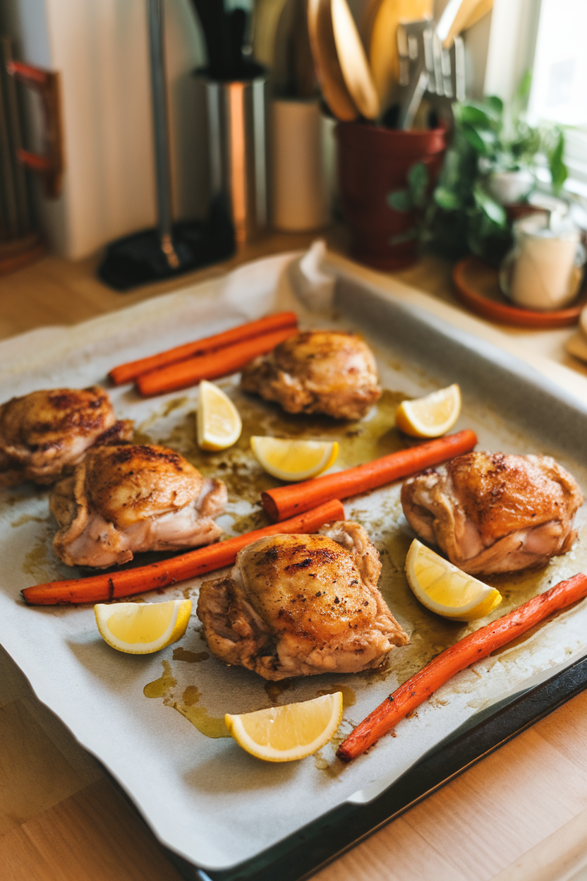 Photo of a parchment-lined sheet pan on an indoor kitchen counter, holding golden chicken thighs surrounded by roasted carrot sticks and lemon wedges, light glistening off a drizzle of olive oil. No text or logos.</Prompt