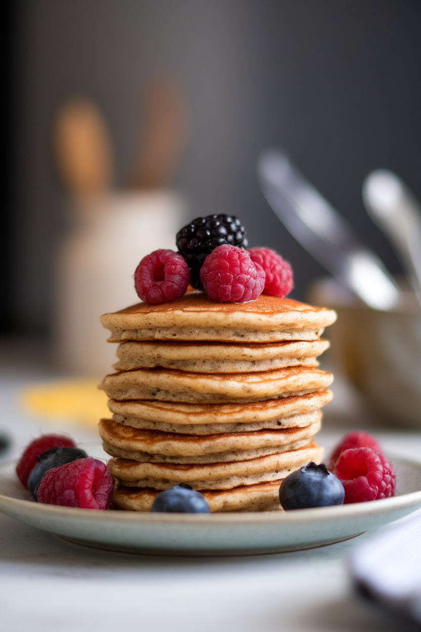Close-up indoor photo of a short stack of small banana-oat pancakes topped with fresh berries, set on a plain white plate. No text or logos.