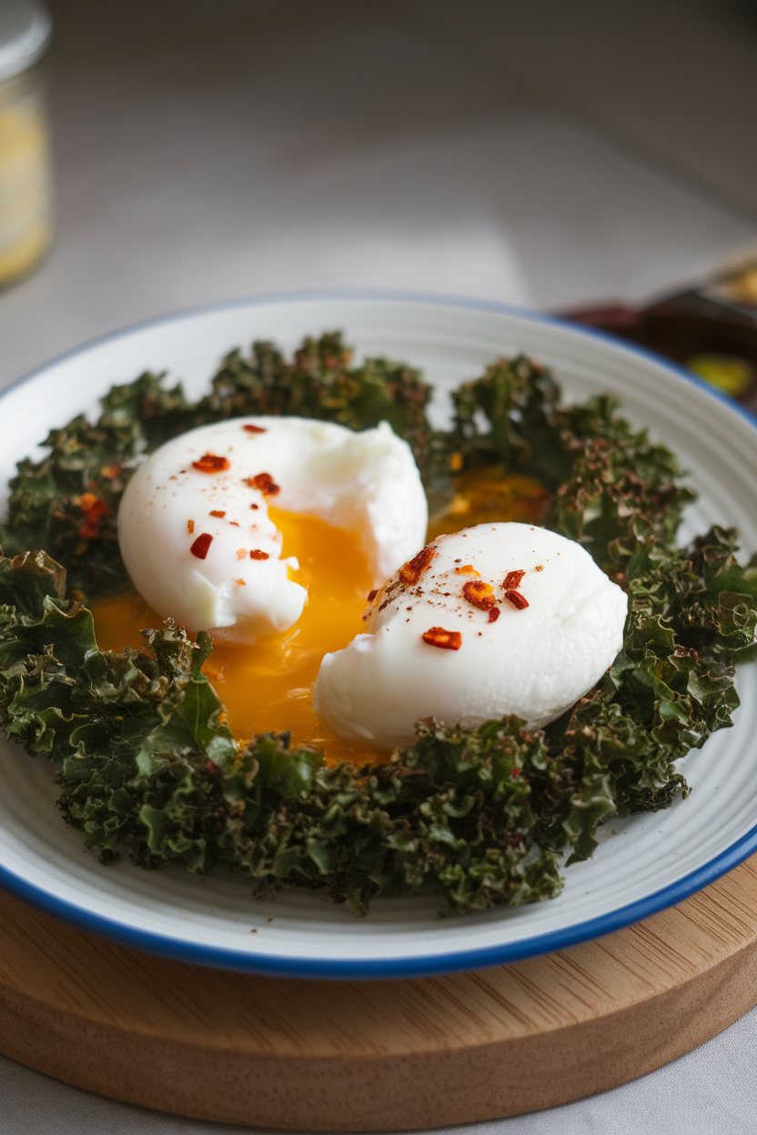 Indoor plate photo of two poached eggs resting on a bed of wilted kale with chili flakes sprinkled on top, no text or logos.