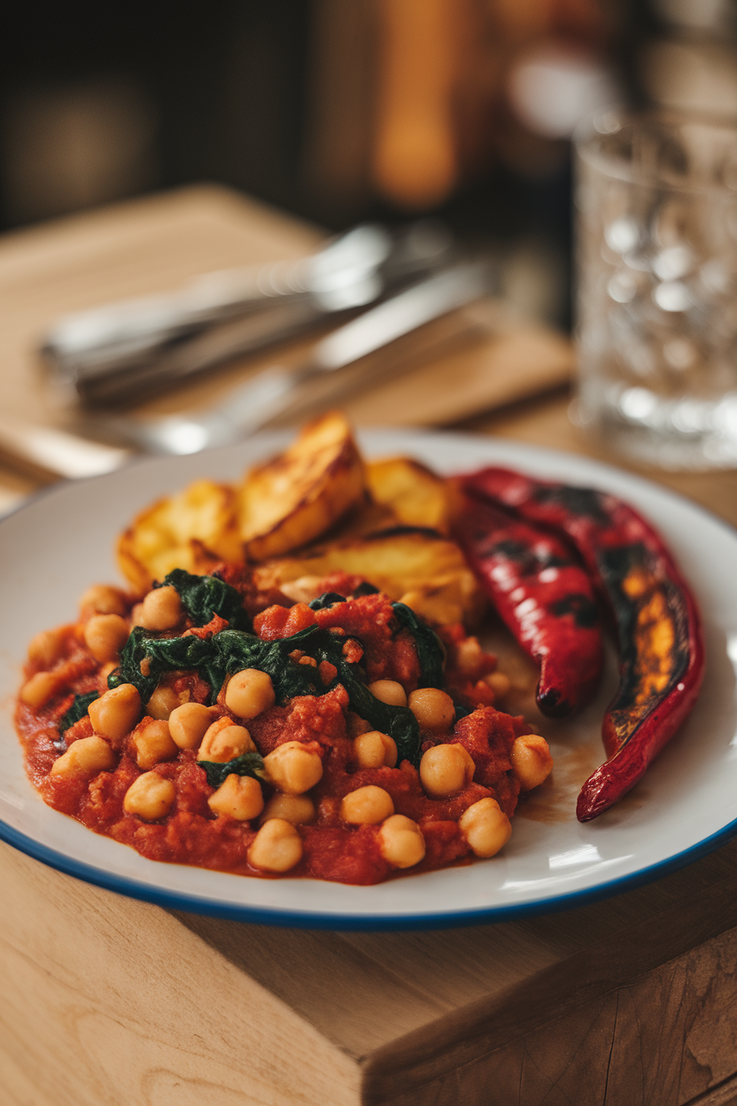 Indoor photo of saucy tomato chickpeas with spinach, roasted patatas bravas, and grilled peppers on a plate. No text or logos.
