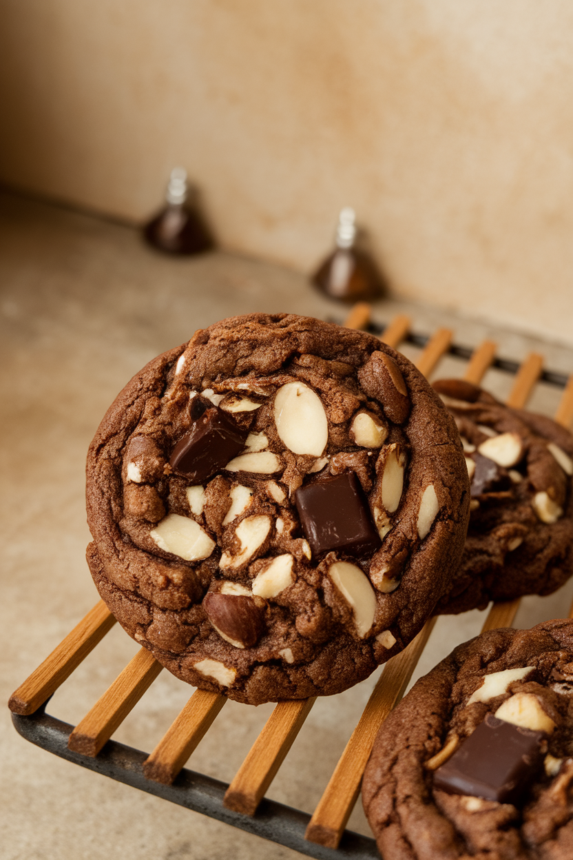 Indoor rack with dark mocha cookies studded with almond chunks and dark chocolate pieces. Photo, no text or logos.